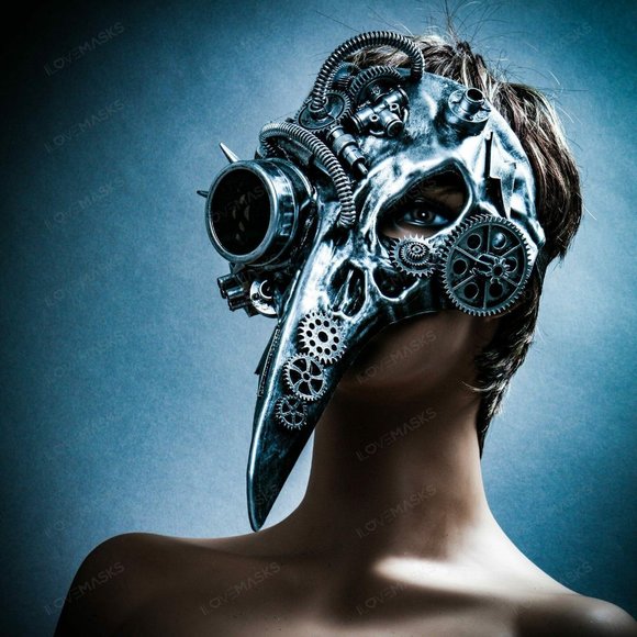 Silver Raven Skull Nose Steampunk Halloween Mask - Picture 1 of 10